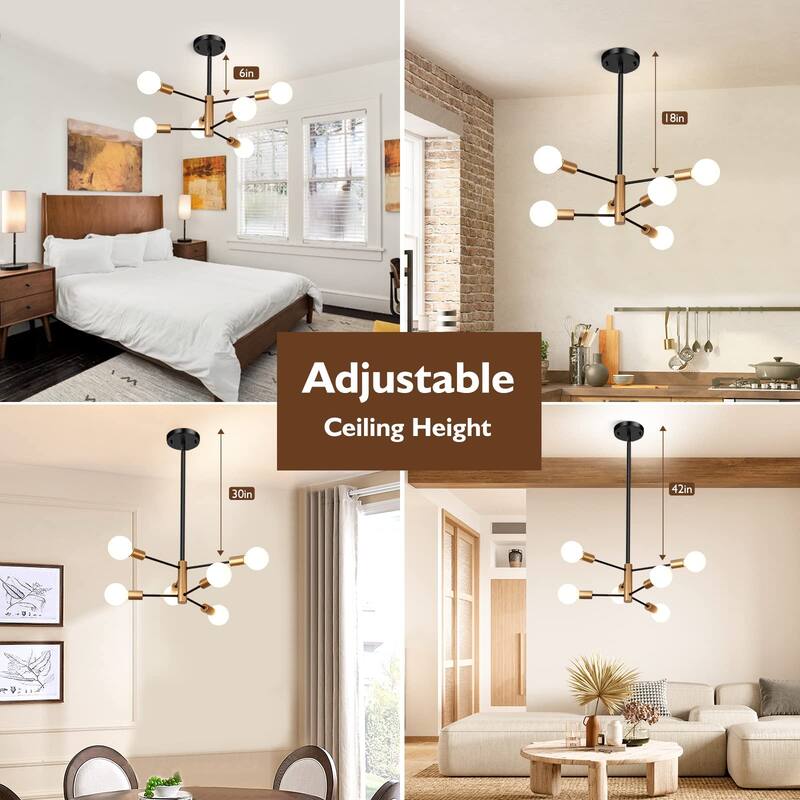 6-Light Sputnik Chandelier Chandeliers Pendant Lighting, Modern Farmhouse Dinning Room Light Fixture Mid Century Brass