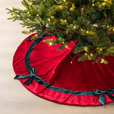 Glitzhome 48"D Red Velvet Christmas Tree Skirt with Bows - 48" D