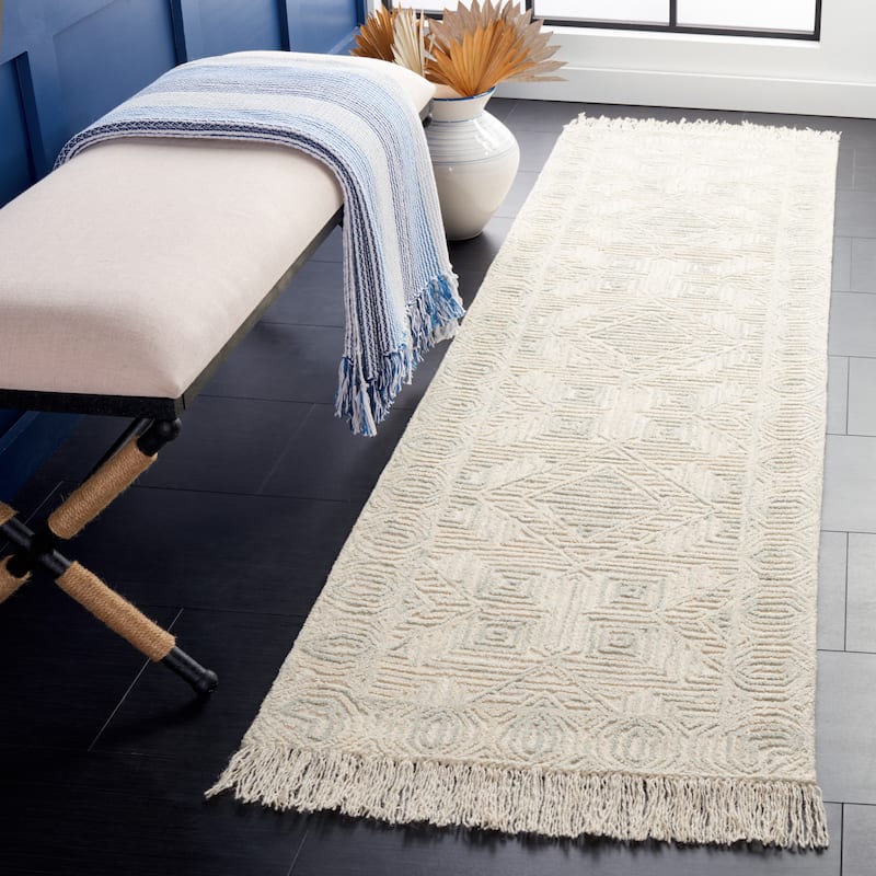 SAFAVIEH Handmade Ikat Sivan Wool Rug - 2'3" x 8' Runner - Ivory/Grey