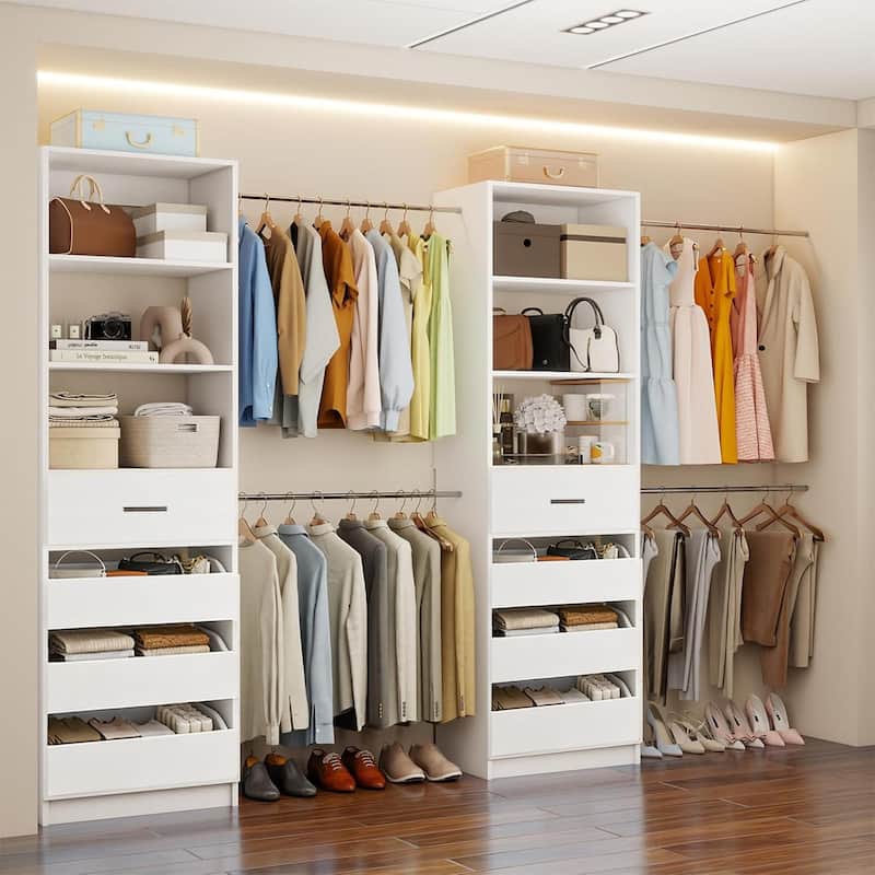 Set of 2 Closet System with Wooden Drawers ＆ Hanging Rods, Walk-in Closet Organizer System Wardrobe Set with Adjustable Shelves