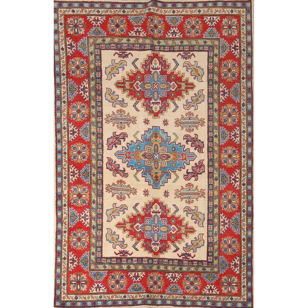 Beige Traditional Kazak Area Rug Hand-Knotted Wool Carpet - 4'10" x 7'3"