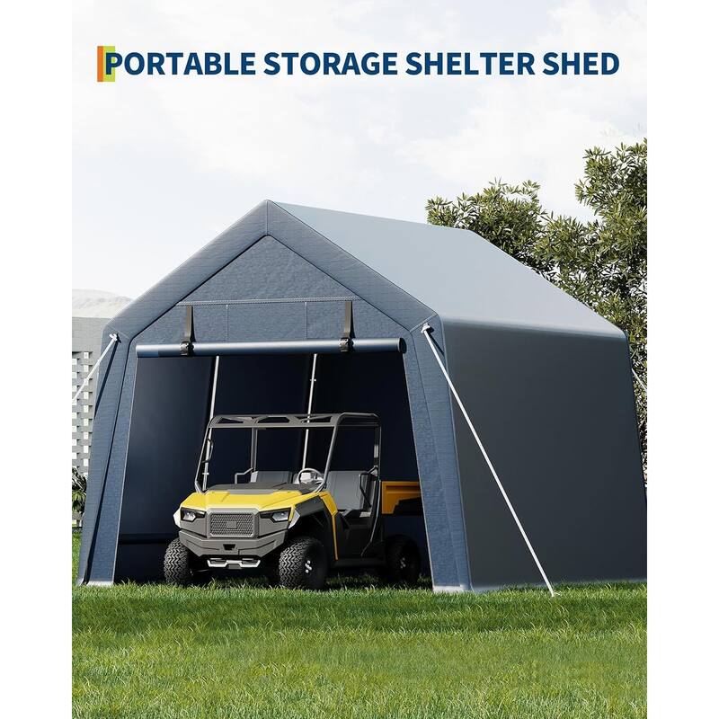 Outdoor Storage Shed, Portable Carport with Roll-Up Ventilated Zipper Door and Windows, Heavy Duty Waterproof Tarp