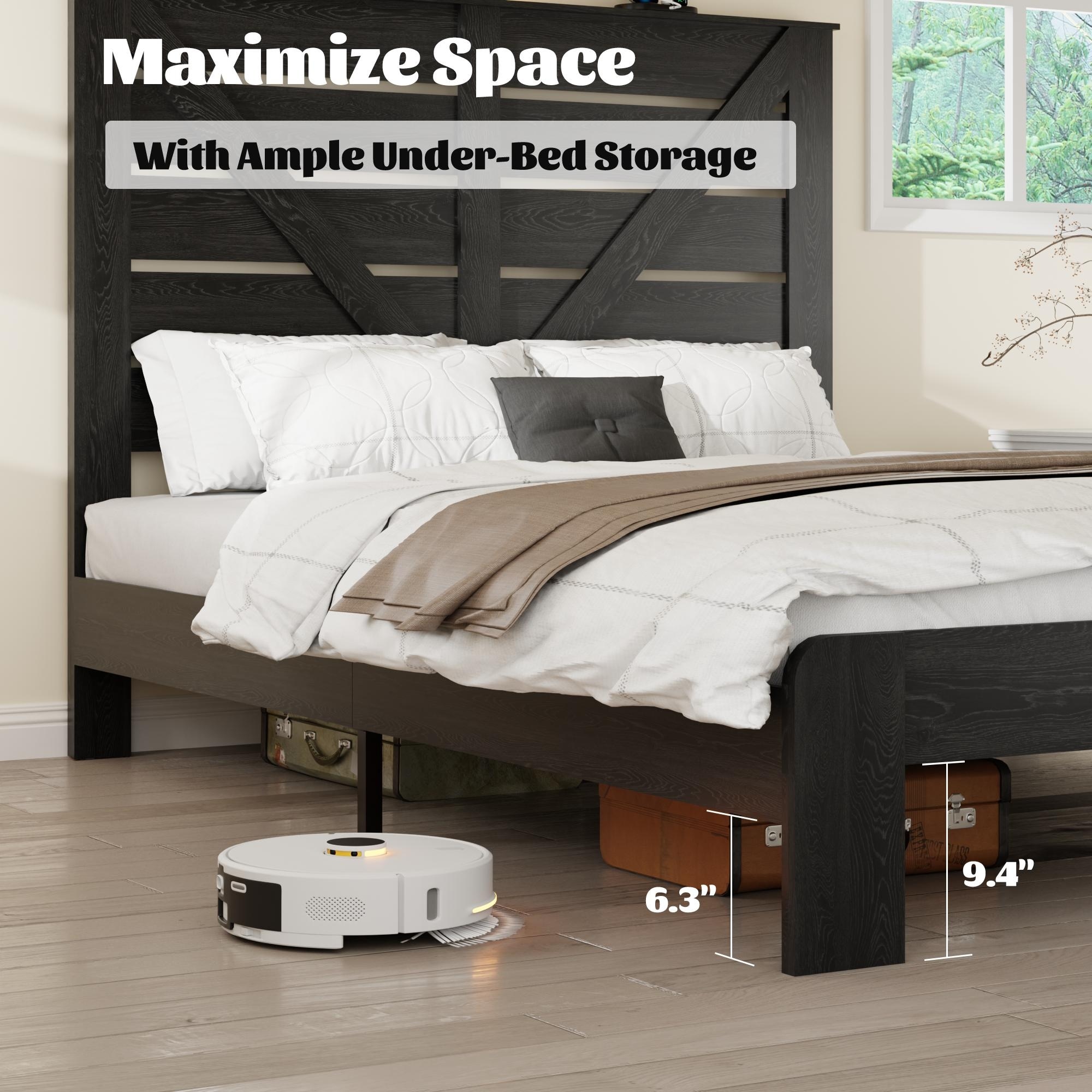 Full Size Wood Platform Bed Frame with Headboard - Noise-Free, No Box Spring Needed, Easy Assembly Tool, Large Underbed Storage