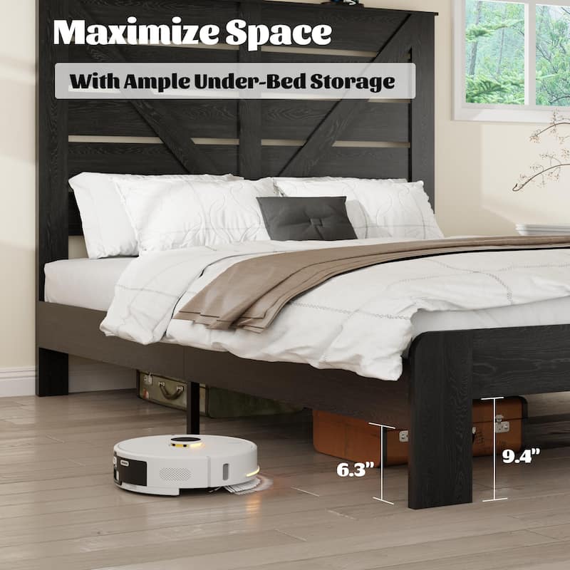 Wood Platform Bed Frame with Headboard - Noise Free, No Box Spring, Easy Assembly, Under Bed Storage