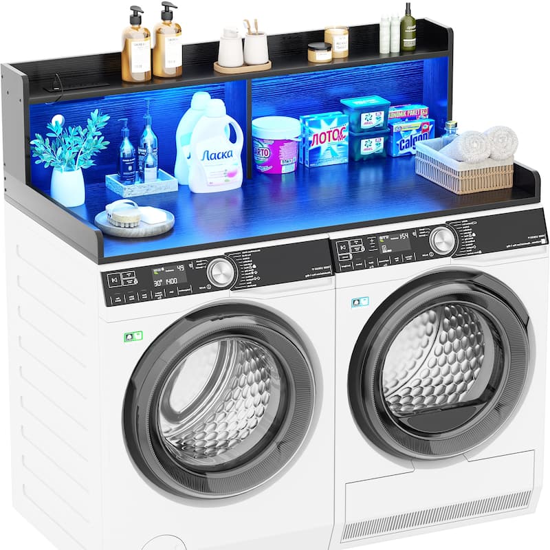 54" x 27.4" Laundry Countertop for Washer and Dryer with Non-Slip Pads，LED Lights，Power Outlets