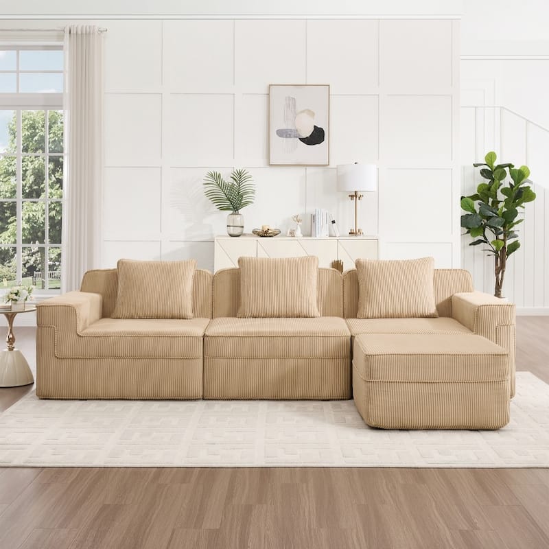Modular L-shaped Deep Seat Boneless Cloud Sectional Sofa with Throw Pillows & Ottoman - Camel