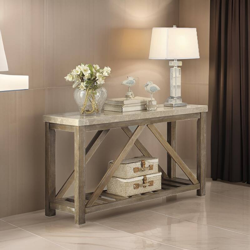 Rectangular Wooden Sofa Table With Slated Bottom Shelf, Gold Brown