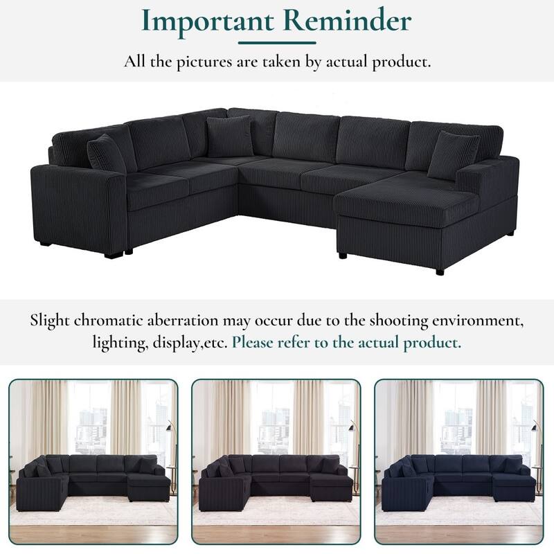 115.3" Oversized Corduroy U-shaped Sectional Sofa with Chaise Lounge and Three Soft Throw Pillows