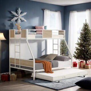 Metal Twin over Full Bunk Bed with Trundle, 2-Side Ladder and Full-Length Guardrail, Large Under Bed Storage, White & Brown