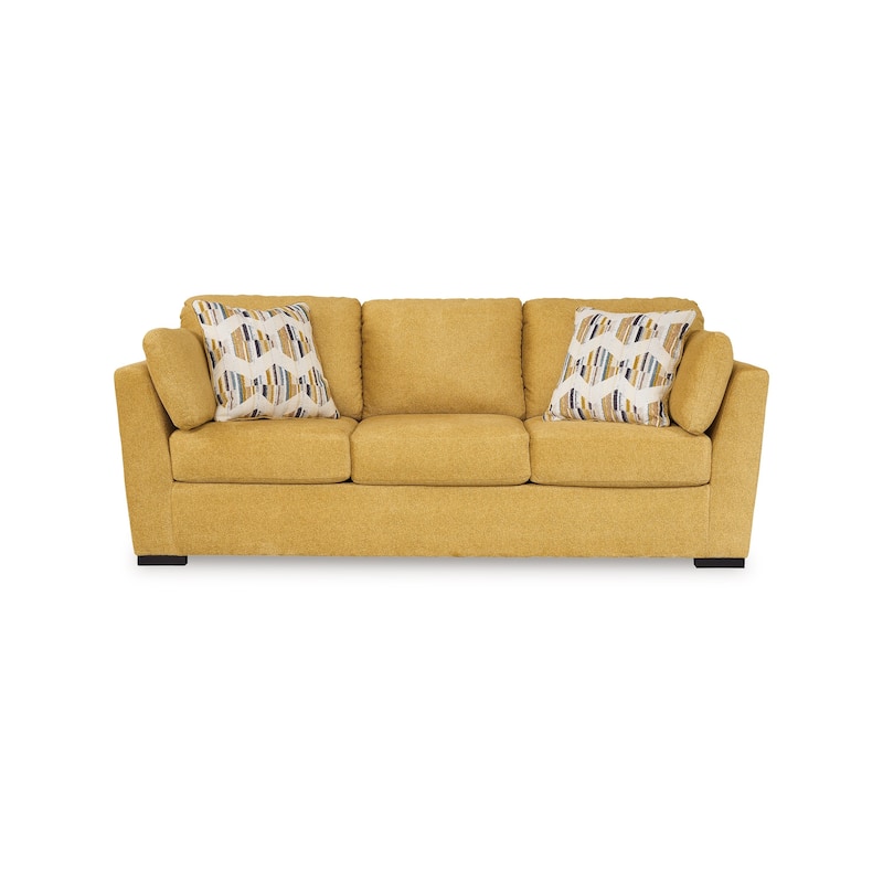 Viena Sofa, 2 Accent Throw Pillows, Soft Yellow Faux Velvet 92 Inch