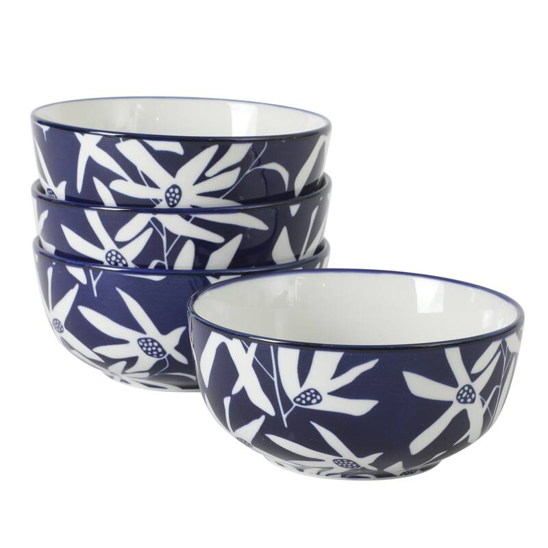 Gibson Home Ivory Estate 4-Piece Cereal Bowl Set, 5.5 Inch Round Stoneware Bowls, Blue & White Floral Pattern, Assorted Designs
