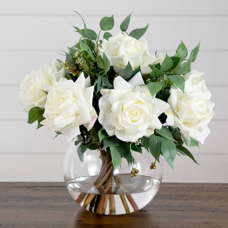 16-in Artificial Roses and Mixed Greens Arrangement