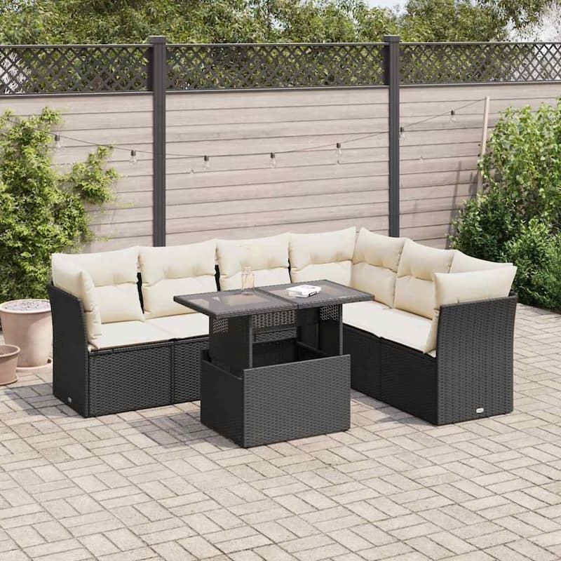 vidaXL Patio Sofa Set with Cushions Outdoor Furniture 7 Piece Poly Rattan - 21.7 x 39.4 x 28.7 in - Black and cream with storage