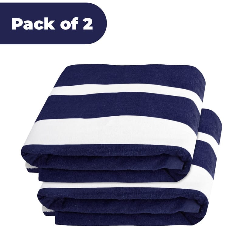 100% Cotton Cabana‑Stripe Lounge Chair Cover Terry Towel with Fitted Pocket & Back Flap Set of 2