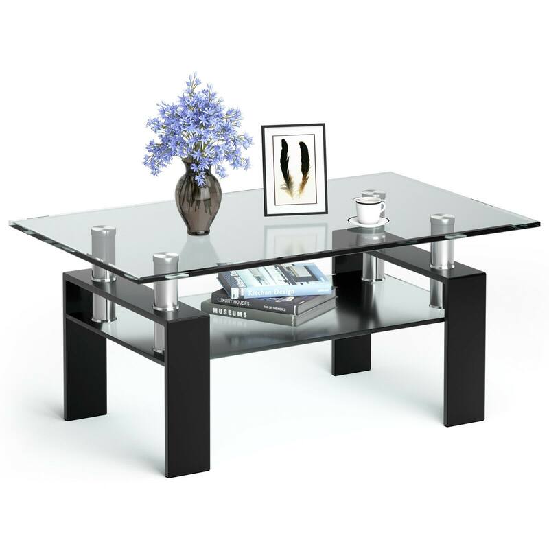 Rectangle Glass Coffee Table with Metal Legs for Living Room - 39" x 23.5" x 17.5"