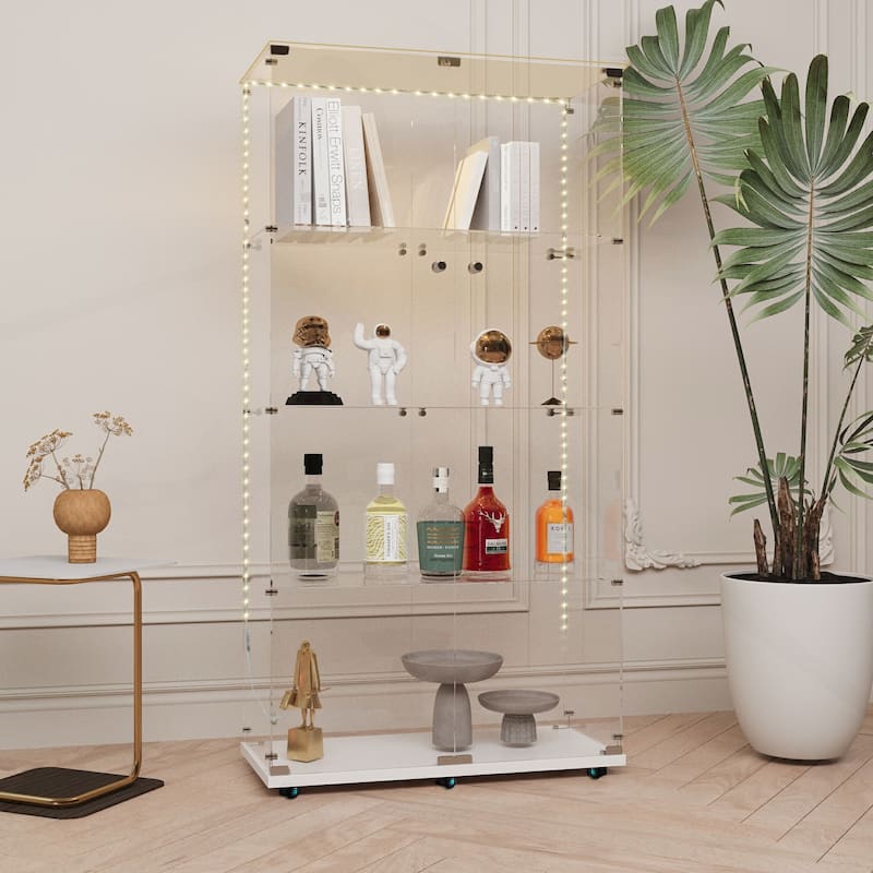 Versatile Tempered Glass Cabinet with Smart Lighting and Mobility
