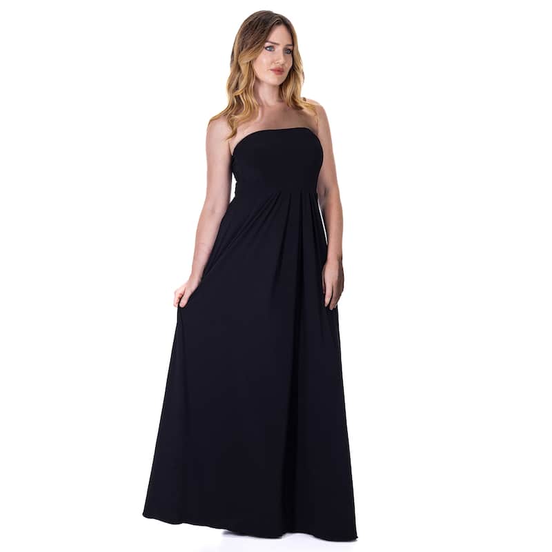 24seven Comfort Apparel Womens Pleated A Line Strapless Maxi Dress With Pockets
