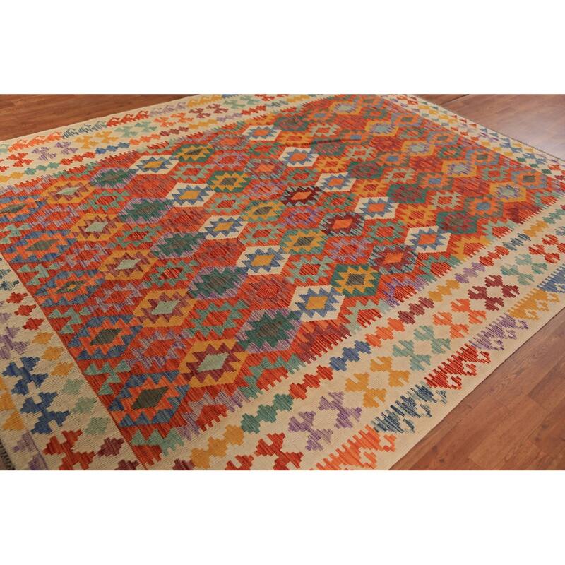Reversible Kilim Oriental Area Rug Hand-Woven Wool Carpet - 8'1" x 10'4"