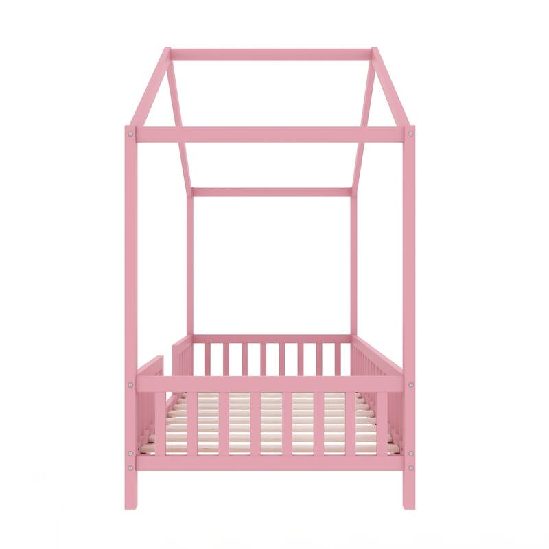 Twin Bed Frame for Kids, House Shape Toddler Bed Frame with High Railings, Wood Kids Bed with Roof