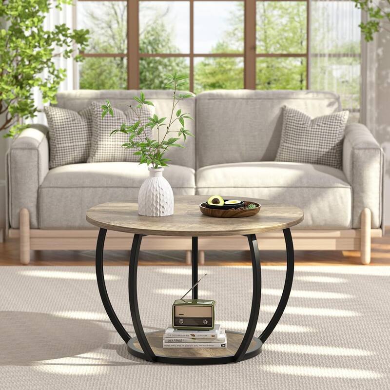 Round Farmhouse Coffee Table w/Storage & Adj. Feet for Small Spaces