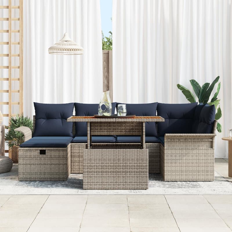 vidaXL 7 Garden Sofa Set with Cushions Black/Grey Poly Rattan - 95.5 x 52.2 x 27.2