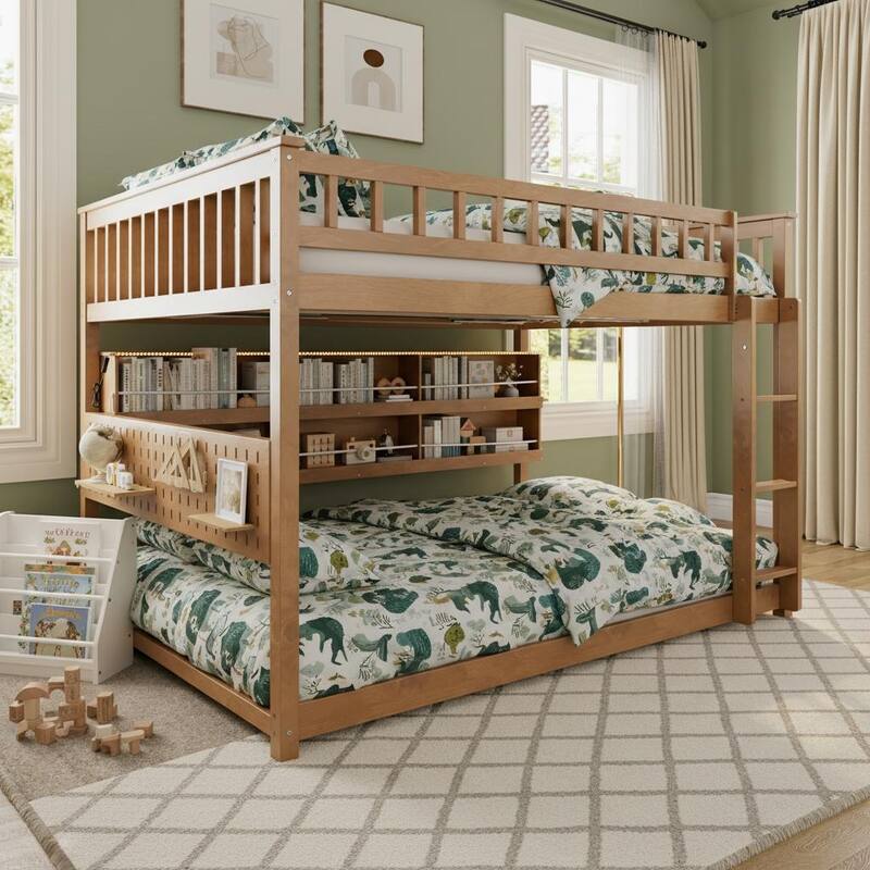 Convertible Bunk Bed with LED Storage Wall & Pegboard by Harper&Bright Designs - Brown - Full