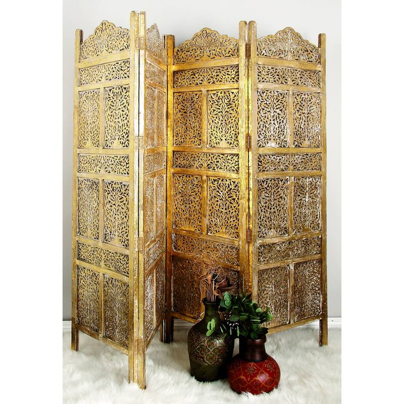 Wooden Floral Handmade Foldable 4 Panel Room Divider Screen with Foiled Intricately Carved Designs - Gold - Roche River Decor