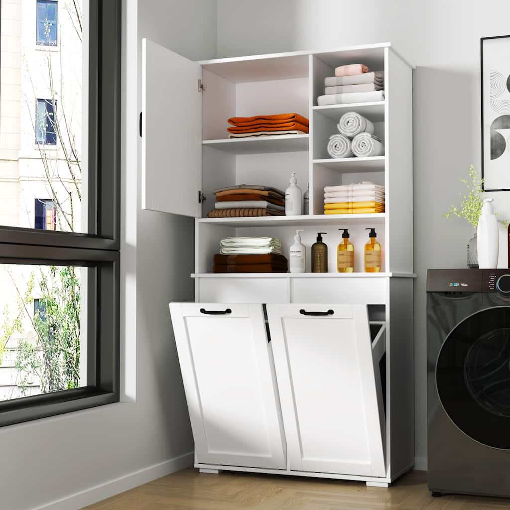 GDFStudio - 63" Freestanding Laundry Storage Cabinet with Tilt-Out Hampers, 4 Layer Open & Adjustable Shelving - Open shelf