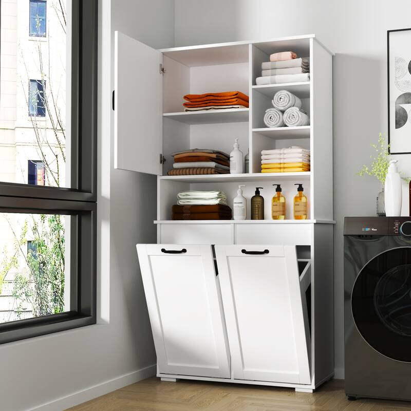 Laundry Storage Cabinet - Tilt-Out Hamper, Adjustable Shelves, Freestanding Organizer