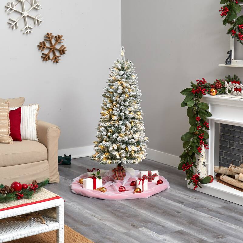 5' Flocked Slim Montreal Artificial Christmas Tree, Warm Clear LED - 5 Foot