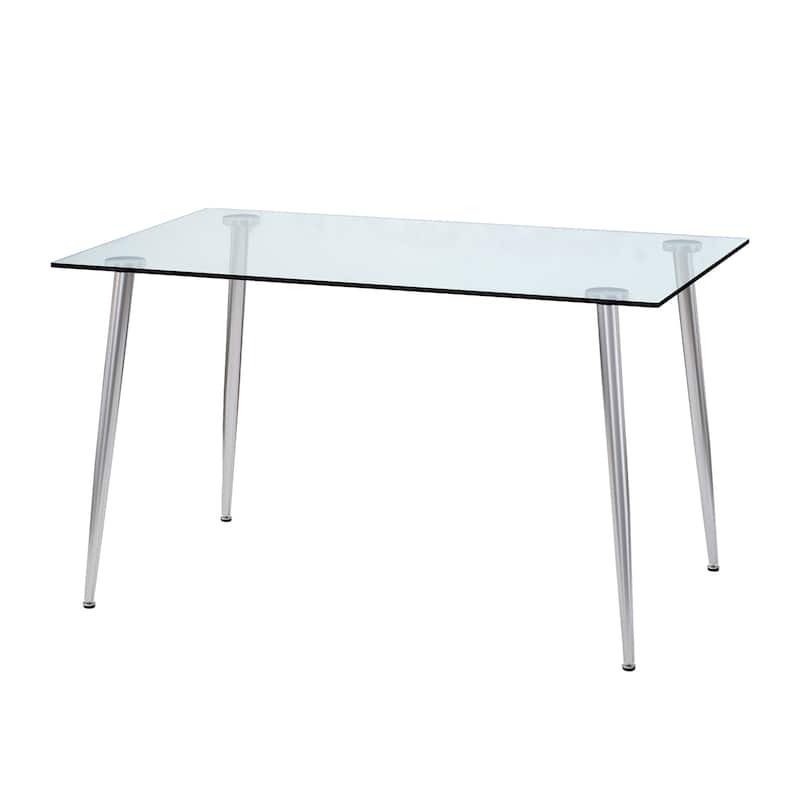 Modern Minimalist Rectangular Glass Dining Table for 4-6 with 0.31" Tempered Glass Tabletop and Silver plating Metal Legs