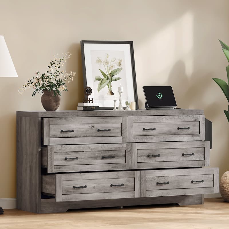Vintage 6 Drawers Double Dresser Chest of Drawers with Charging Station - Grey - 6-drawer