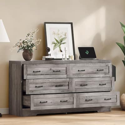 Vintage 6 Drawers Double Dresser Chest of Drawers with Charging Station