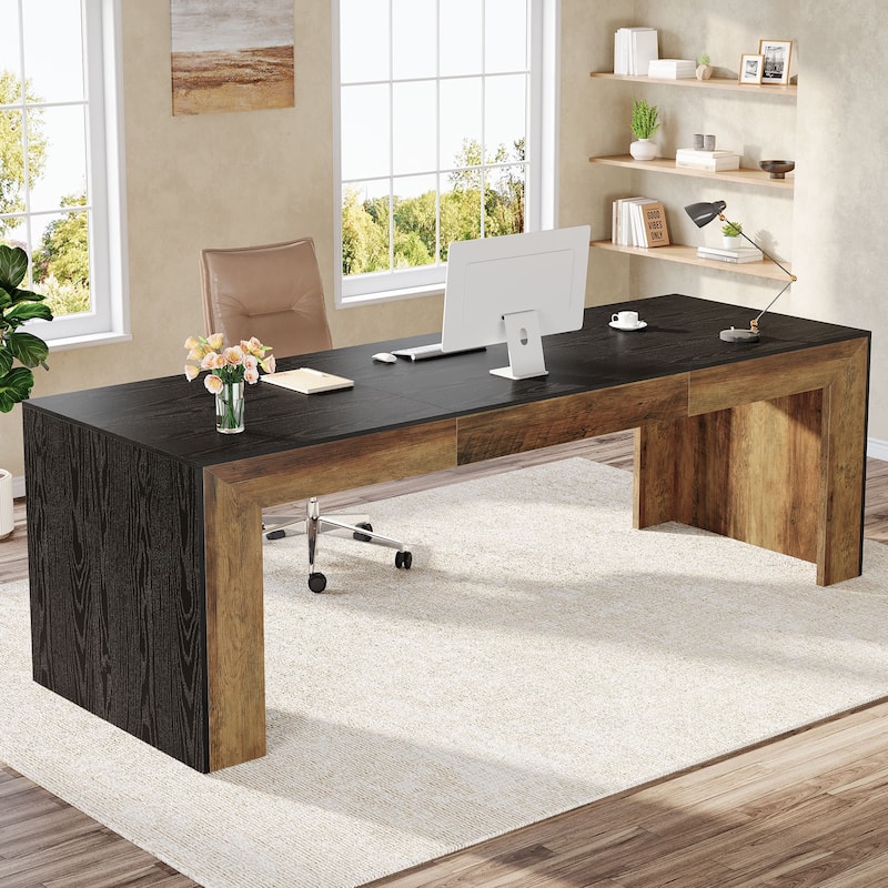 Wood Executive Desk Workstation, 78.7" Computer Desk, Home Office Writing Gaming Table Accent Desk