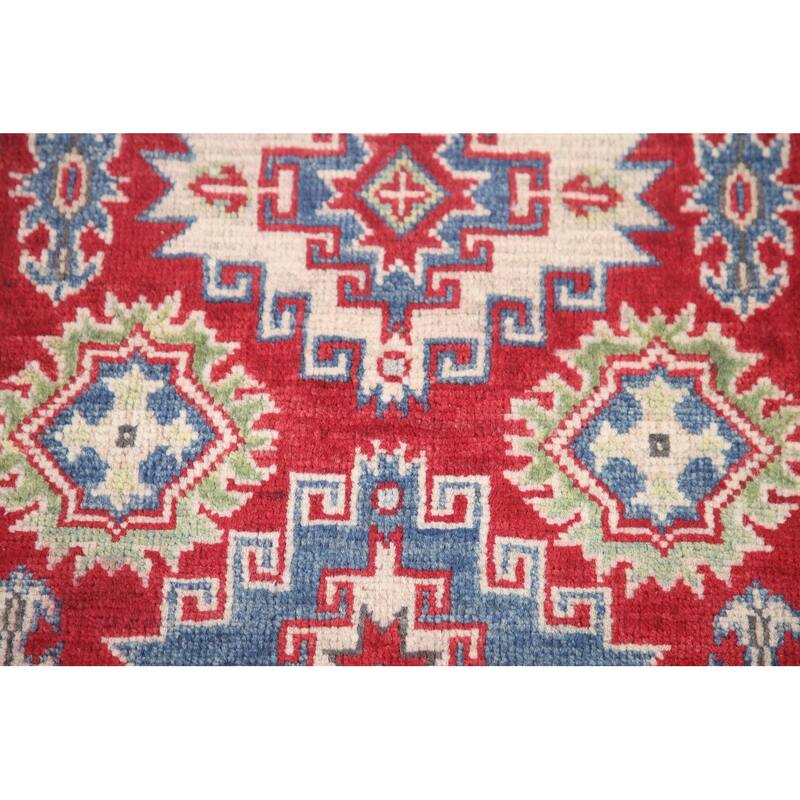 Hand Knotted Oriental 100% Wool Carpet Traditional Geometric Red Kazak Runner Rug - 7' 7'' X 2' 9''