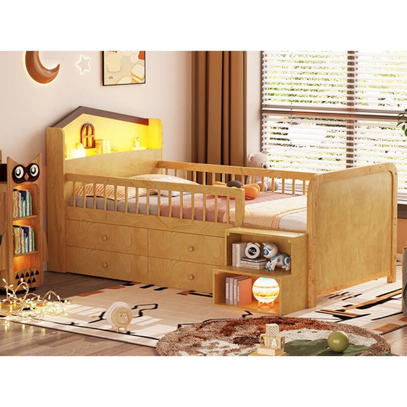 Roomfitters Twin Low Loft Platform Bed, LED House Headboard and Storage Drawers with Wooden Frame for Bedroom