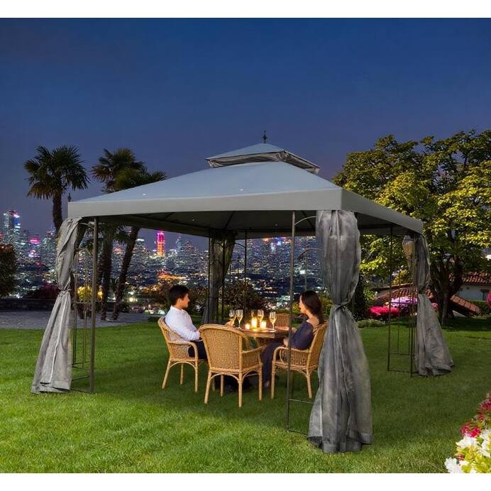 Double Roof Outdoor Gazebo with Corner Shelves and Protective Mesh Netting