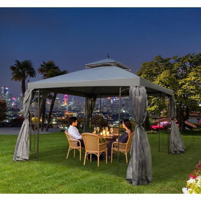 GDFStudio - Emerson Classic Outdoor Pavilion Gazebo with Functional Shelving and Double-Roof Design