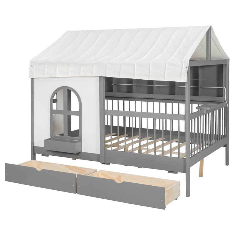 Kids Fence Platform Bed Full Size House Bed with Tent, Bookshelf, Light Strip, Charging Station, Shelves and Storage Drawers