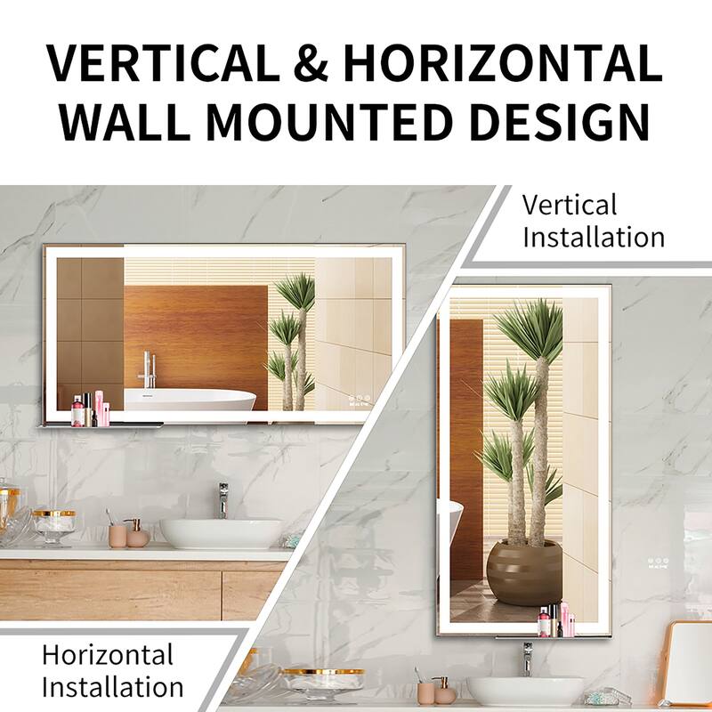Rectangular Wall Mounted LED Bathroom Vanity Mirror with Anti-Fog - 48" x 24" in.