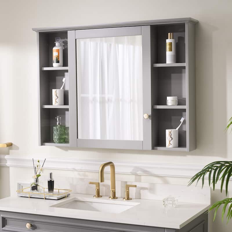 Modern Surface Mount Solid Wood Framed Medicine Cabinet With Mirror and Shelves - Titanium Grey-42'' W
