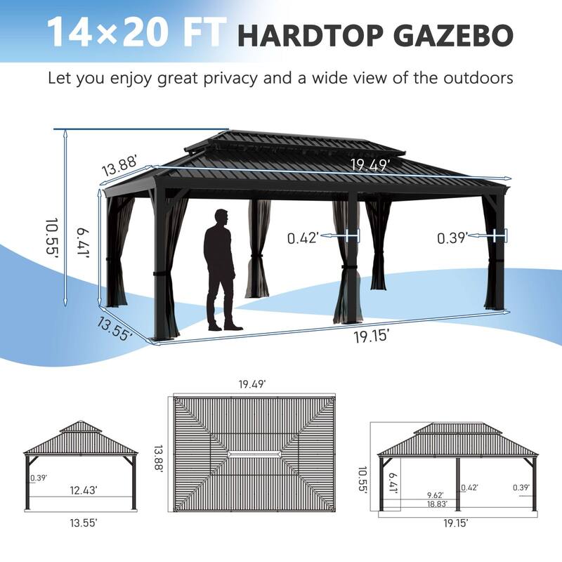 VEIKOUS Aluminum Double Hardtop Gazebo Pergola for Patio, Lawn, and Garden with Removable Netting