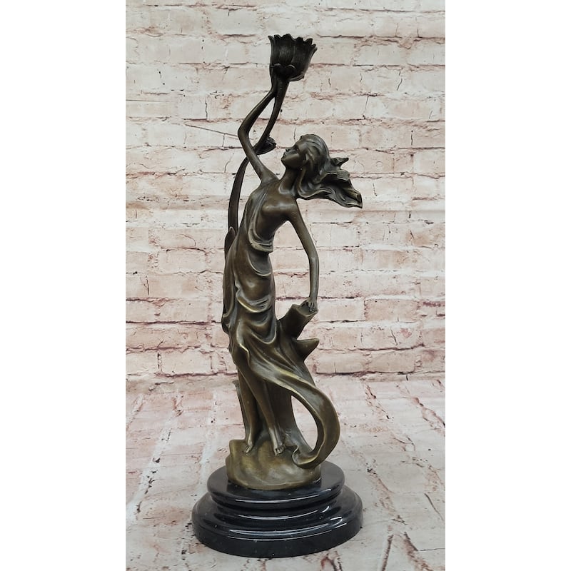 Art Nouveau Bronze Candle Holder Sculpture – Elegant Woman With Flowing Dress On Marble Base
