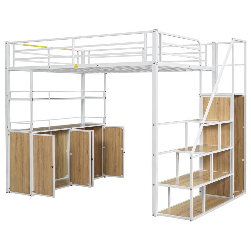 Full Size Metal Loft Bed with Storage Staircase, Wardrobe, Shelves, and Lockers in White