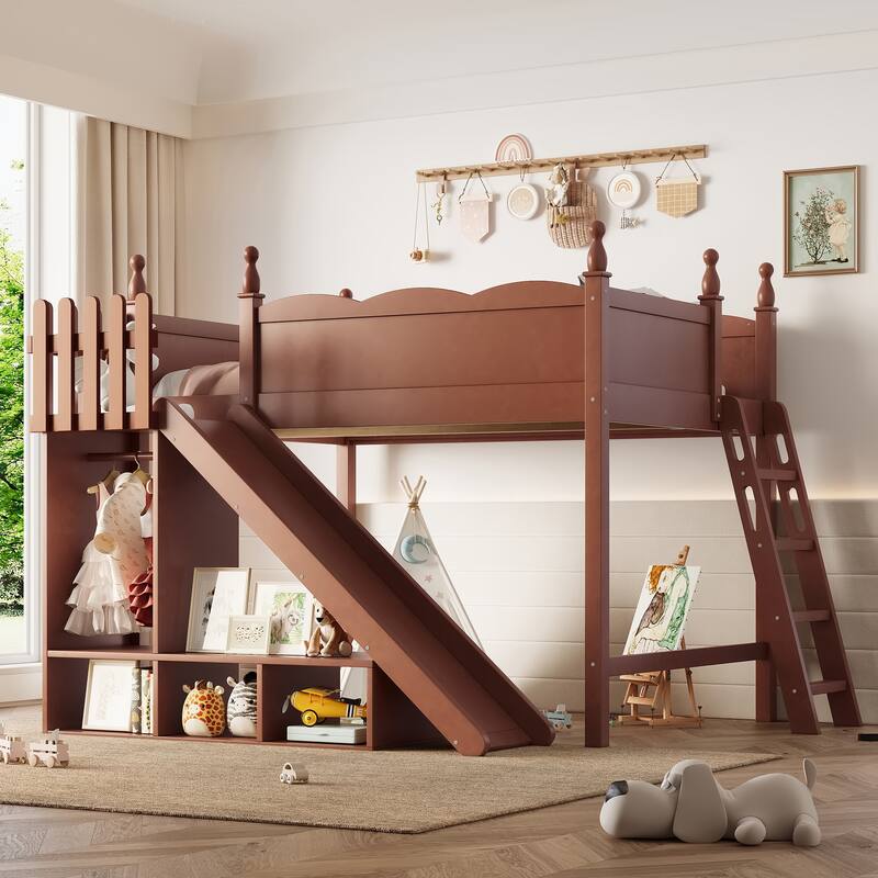Full Loft Bed with Storage Shelves and Wardrobe, Solid Wood Loft Beds with Detachable Slide and Ladders, No Spring Box Needed