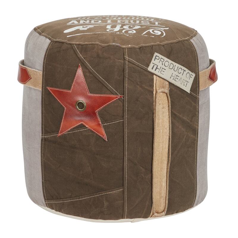 Brown Canvas Pouf with Leather Accents