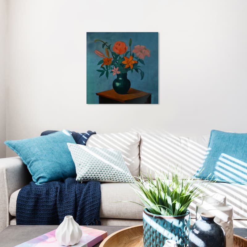 Wynwood Studio Canvas Floral and Botanical Hibiscus on a table Blue and Teal Traditional Wall Art Canvas Print - Blue, Red - 20 x 20