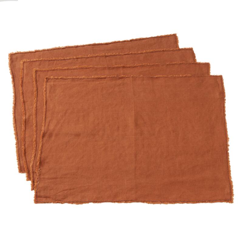Fringed Design Stone Washed Linen Napkins or Placements (Set of 4) - Placemat 14 x 20 - Terracotta - Set of 4