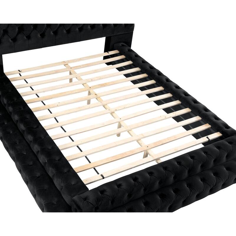 Glam Black Finish Step Up Fully Upholstered 4 PC Bedroom Set Button Tufting