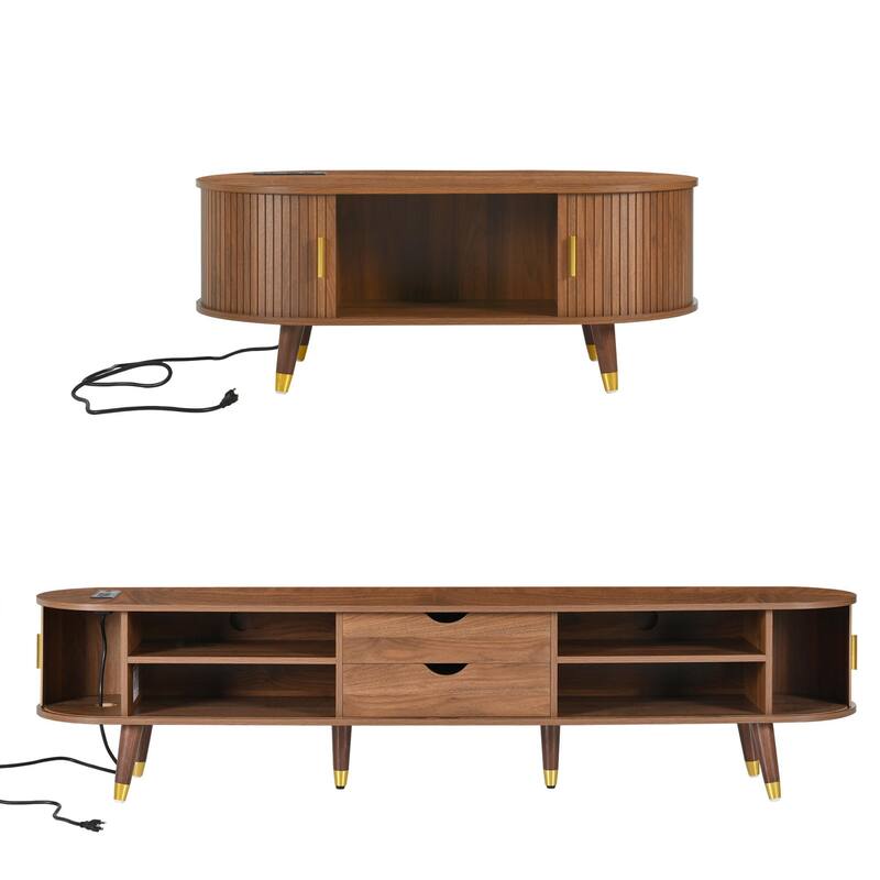 Wooden Tv Stand & Coffee Table Set With Charging Station,Sliding Doors For Tvs Up To 80",Table With Solid Wood Legs